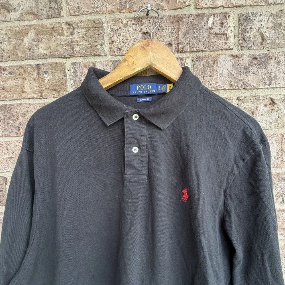 Polo Ralph Lauren Classic Fit Black Long Sleeve Polo Shirt Mens XL Red Pony Logo